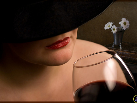 Mysterious Woman - wine, fantasy, woman, daisy, glass, mysterious