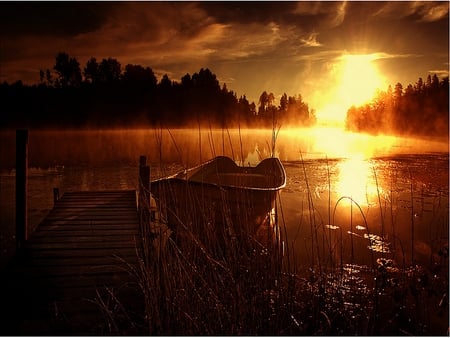 DOCK AT SUNSET - golden, sunset, dock, boat