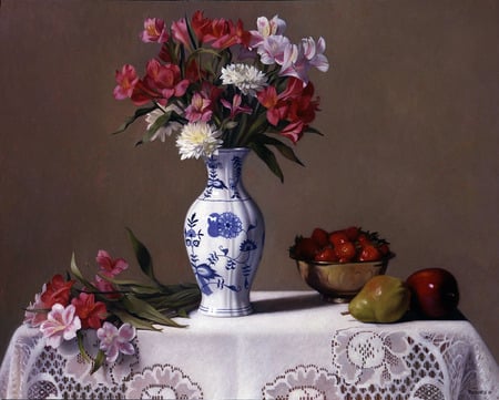 Flowers and lace, by Kik Richards - still life, painting, kik richards, art