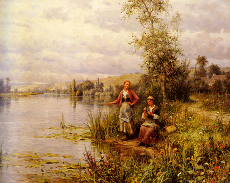 Country women after fishing on a summe, by Louis Aston Knight - woman, painting, art, louis aston knight, river