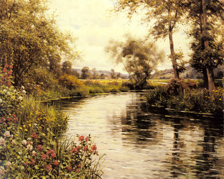 Flowers in bloom by a river, by Louis Aston Knight - river, painting, louis aston knight, flower, art, tree