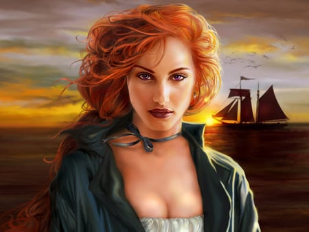 eyes of an angel - sky, redhead, sun, eyes, sunset, fantasy, amazing, purple, gorgeous, dark, orange, dusk, boat, ocean, sunlight, lovely, cg, ship, abstract, 3d, beautiful, sea, pirate