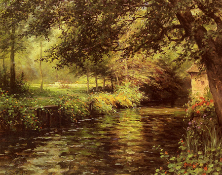 A Sunny Morning at Beaumont­Le Roger, by Louis Aston Knight - painting, art, louis aston knight, forest, river