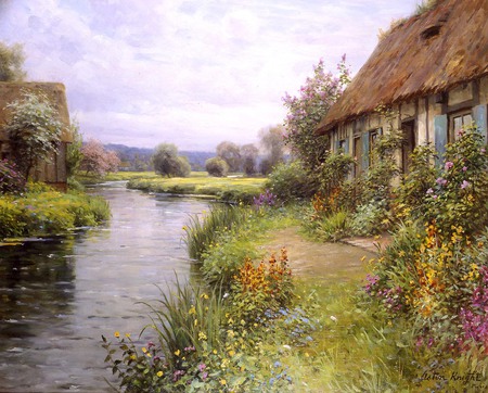 A bend in the river, by Louis Aston Knight - nature, painting, art, louis aston knight, river