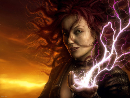 electrified - abstract, lightening, female, beauty, dark, fantasy, redhead, red, woman, sun, sky