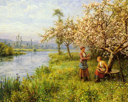 Country Women after Fishing on a Summer's Day by Louis Aston Knight - woman, nature, painting, art, louis aston knight, river