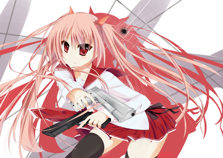 Kanzaki H Aria - hot, thighhighs, anime girl, white, art, cool, pistols, artistic, sexy, skirt, handguns, school uniform, beautiful, pink, bullet hole, uniform, weapons, butei, nice, beauty, bullet, gir, kanzaki h aria, red eyes, pretty, anime, cute, aria, school, pink hair, colt 45, cg, kanzaki, red, tie, digital, awesome