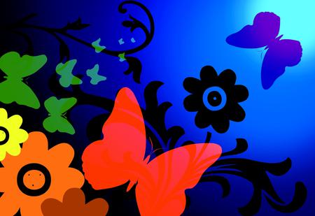 Nature's Wonderland - sky, nature, butterfly, yellow, pink, blue, orange, green, flower