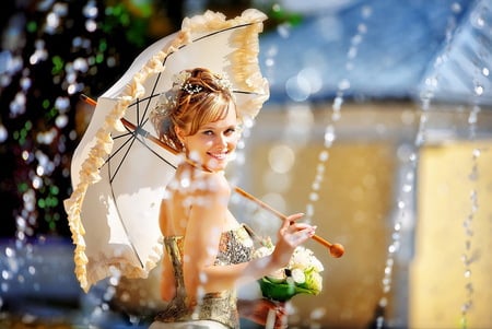 Fountains of July - july, girl, umbrella, beautiful, water, summer, fountains, drops