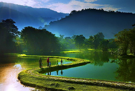 Walk on water - clouds, river, trees, people, mist, grass, mountains, walkway