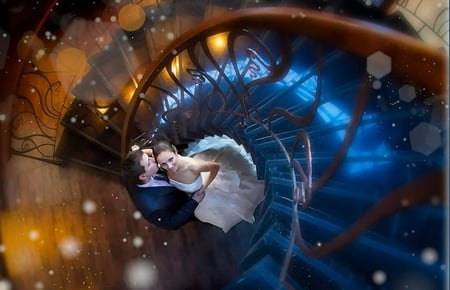 Love is in the air - bride, groom, air, wedding, love, white dress, staircase, lights, couple