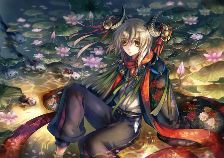 anime - kimono, yelow ahir, aqua, flowers