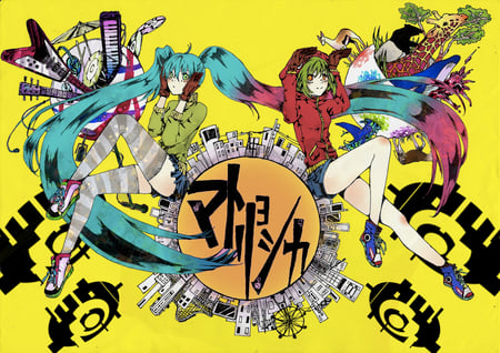 vocaloid - blue hair, yelow, miku, colors, gumi, green hair