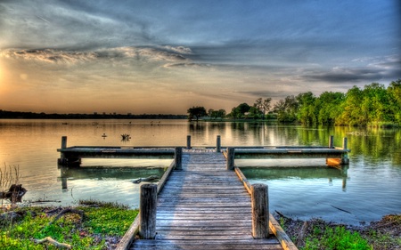 White Rock Lake HDR - trees, dock, water, park, reflections, calm, lakes, nature, cloudy, beautiful