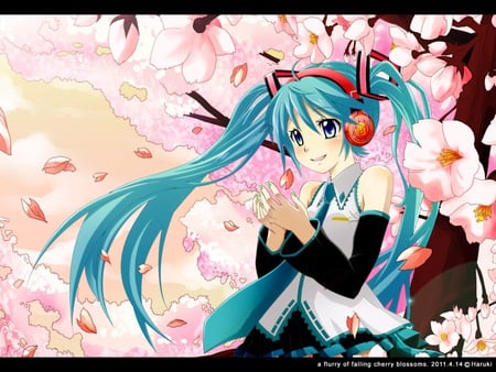 Hatsune Miku - aqua, headset, music, anime girl, white, art, cool, aqua eyes, artistic, hatsune miku, skirt, song, pray, vocaloids, program, sakura, pink, beautiful, hope, uniform, diva, beauty, voclaoid, nice, twintail, singer, aqua hair, black, virtual, pretty, idol, anime, miku, cute, girl, cg, hatsune, sakura trees, microphone, red, headphones, tie, awesome, digital, thighhigs