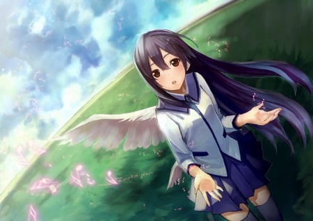 Ichiko Oharu - beauty, sky, sexy, hot, thigh highs, brown eyes, long hair, wings, anime girl, original, seifuku, black hair, clouds, beautiful, cute