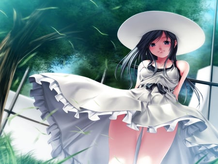 White Dress Girl - hat, anime girl, female, wing, like, hot, cool, sweet, tree, white dress, smile, rezi, cut, white dress girl, sexy