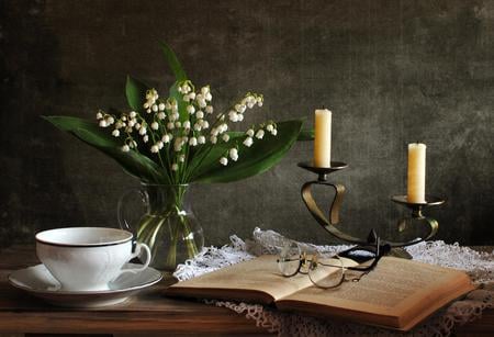 still life - pretty, book, spring, photo, candlestick, flowers, old, candles, nice, water, beautiful, photography, candle, lace, lovely, cool, still life, flower, jug, harmony, glasses, lily of the valley, glass