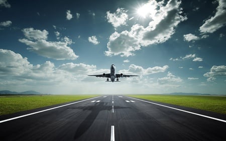 Landing Airplane - airplane, aircraft, landing, green field