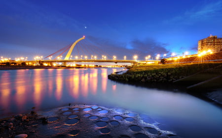 Big City Lights - modern, landscape, bridge, amazing, night, town, architecture, view, river, city