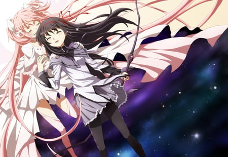 Together Forever - akemi homura, beauty, hot, ribbons, seifuku, black hair, cute, oiun, sexy, anime girls, kaname madoka, long hair, pink hair, pantyhose, bow, beautiful, dress