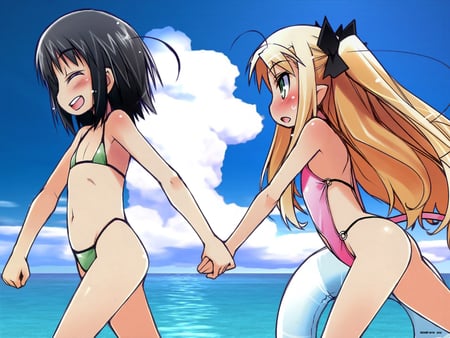 lotte no omocha! - long hair, 2 girls, black hair, astarotte ygvar, blonde hair, ouhara asuha, bikini, wink, blush