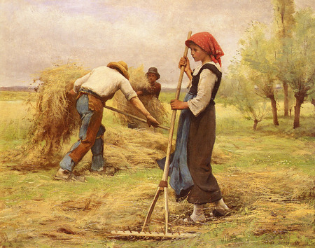 La recolte des foins, by Julien Dupre - woman, painting, art, hay, man, julien dupre, field