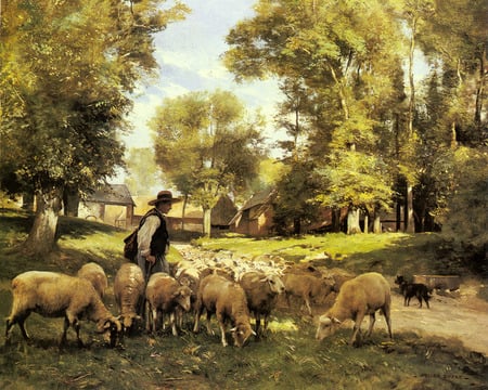 A shepherd and his flock, by Julien Dupre - shepherd, man, tree, julien dufre, animal, sheep, painting, flock, art