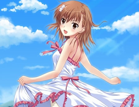 to aru majutsu no index - clouds, brown eyes, to aru kagaku no railgun, kamikoto seiryoku, dress, brown hair, short hair, misaka mikoto, summer dress, sky