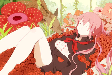 Anime - bed, long haair, dress, barefoot, pink hair, flower