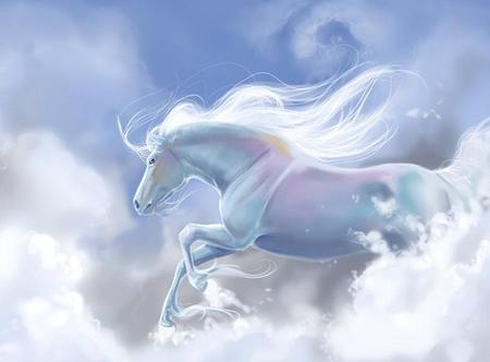 Magical Flight - clouds, fantasy, blue, magical, art, horse