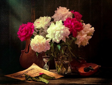 The Hourglass - vase, violin, sheet music, table, hourglass, still life, peonies, flowers, musical instrument