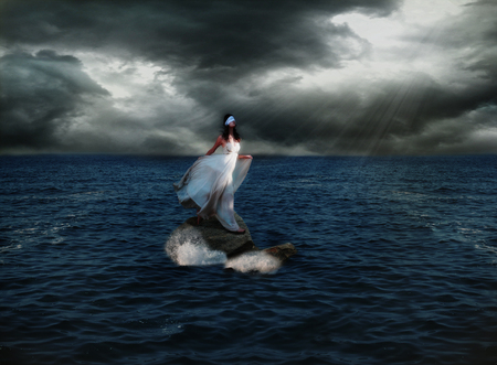 Blind Angel - rock, beauty, beautiful, ocean, fantasy, storm, clouds, sunlight, woman, angel