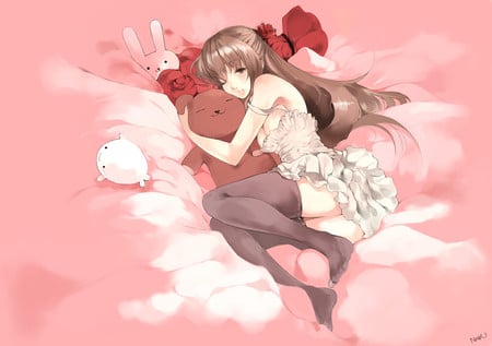 anime - black eyes, dress, blush, long hair, brown hair, pink, peluch, animals