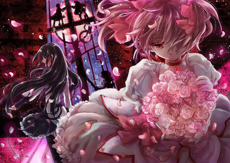 anime - flowers, modouka magica, pink hair re eyes, red, drees, night, long hair, purple hair