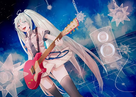 vocaloid - blue hair, hatsune miku, stars, guitar, blue, long hair, aqua eyes, drees