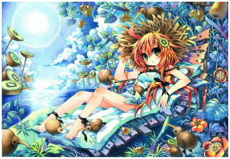 anime girl - aqua, sleep, kiwie, animals, yelow hair, blue eyes, dress, ciel