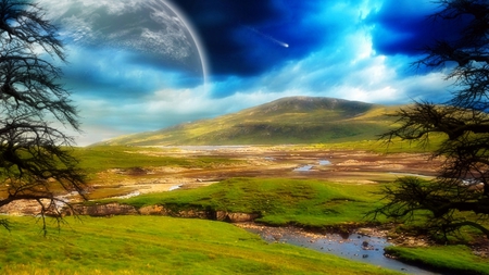 MOON AT DUSK SHINING ON HILLSIDE - view, an, abstract, fantasy, surreal