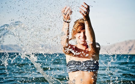 Fun under the Sun - fun, models, ocean, people, bikini, beautiful, splashing, happy