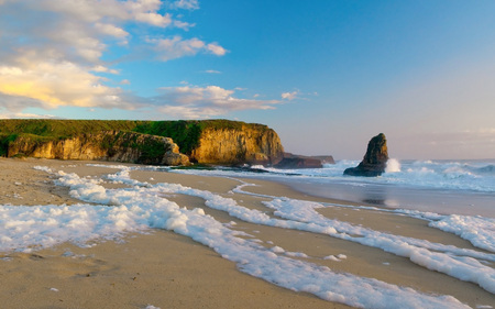 Sea Foam - rock, foam, cliffs, beautiful, blue, formation, hill, clouds, beaches, sea, nature, skies, waves