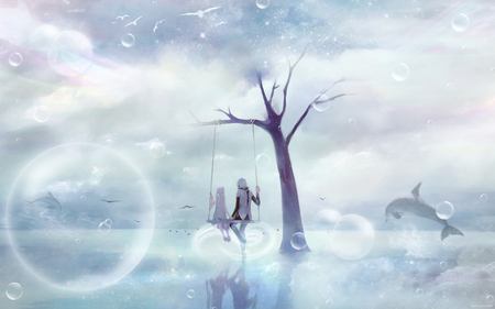 Miku Sweetheart Kaito - vocaloid, birds, female, miku hatsune, male, dolphins, kaito, lake, hold hand, sky, fog, tree, swing, bubble, sweetheart, miku, cloud, hatsune