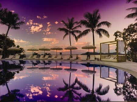 Beautiful sunset - pretty, calm, relax, romantic, night, luxuty, pink, interior, reflection, style, purple, nice, sky, lounge, clouds, palms, water, beautiful, photography, lanterns, beauty, lovely, cool, architecture, rest, harmony, sunset, design, pool, modern, peaceful