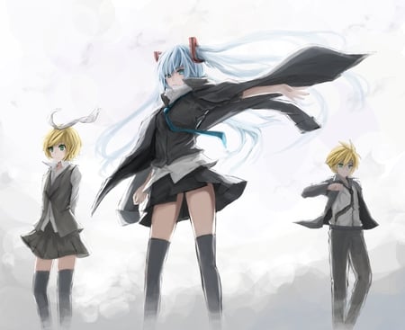 Vocaloids - aqua, thighhighs, music, anime girl, yellow hair, stockings, white, art, blonde hair, yellow, cool, cold, kagamine, aqua eyes, artistic, hatsune miku, skirt, kagamine rin, song, vocaloids, program, len, vocaloid, snow, beautiful, uniform, diva, beauty, nice, twintail, singer, aqua hair, black, virtual, pretty, rin, idol, anime, miku, cute, girl, cg, hatsune, tie, awesome, cape, digital, kagamine len