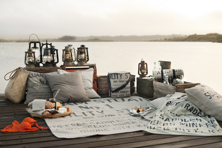 Breakfast on the beach .... - pretty, calm, breakfast, beach, food, picnic, nice, water, beautiful, photography, lanterns, sea, lovely, cool, ocean, drink, harmony, river, nature, peaceful