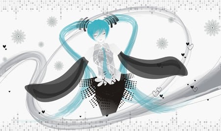 Hatsune Miku - aqua, music, anime girl, wind, white, art, cool, petals, aqua eyes, artistic, last night, hatsune miku, skirt, song, vocaloids, program, vocaloid, beautiful, uniform, diva, nice, beauty, twintail, singer, aqua hair, black, virtual, pretty, idol, anime, miku, cute, good night, girl, cg, hatsune, tie, digital, awesome, gray