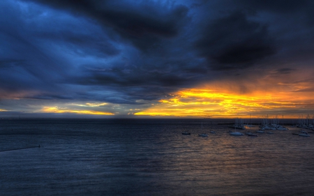 DARK CLOUDS OVER THE HARBOUR - clouds, boats, sunset, harbour, ocean, dark