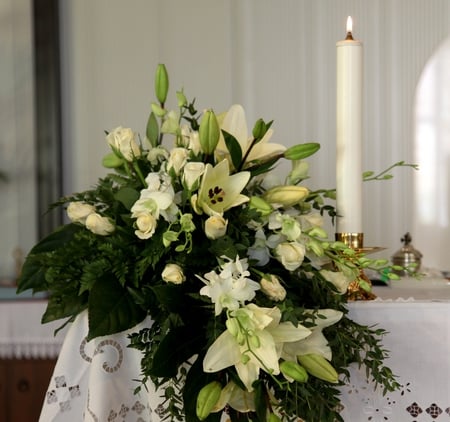 Altar arrangement - white, arrangement, candle, church, altar, still life