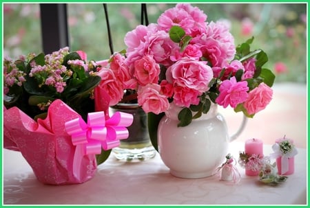 pink in my heart 2 - roses, decoration, candle, pink, still life, vases