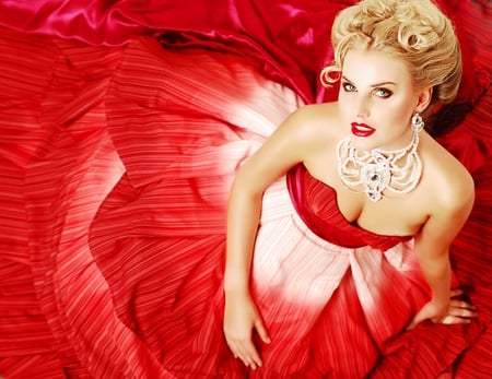 Lady in red - lady in red, beautiful dress, lovely face, red dress, blonde, beauty, red lips, lips, necklace, lady, amazing dress, beautiful lady, stare, red, earings