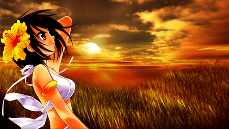 Sunset - sky, girl, beautiful, sun